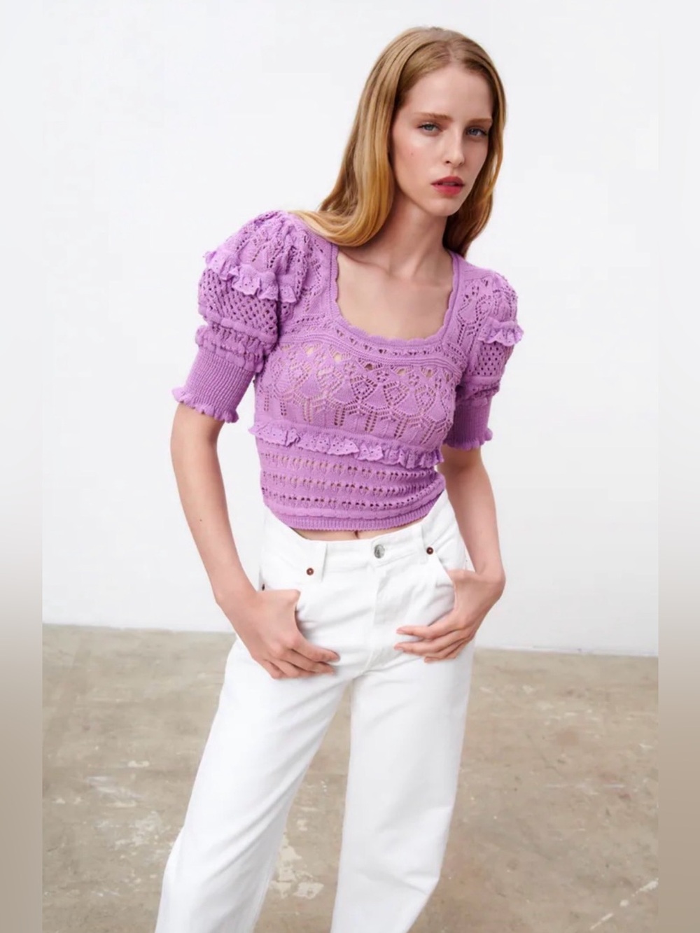 ZARA Pointelle Knit Crochet Crop Sweater.